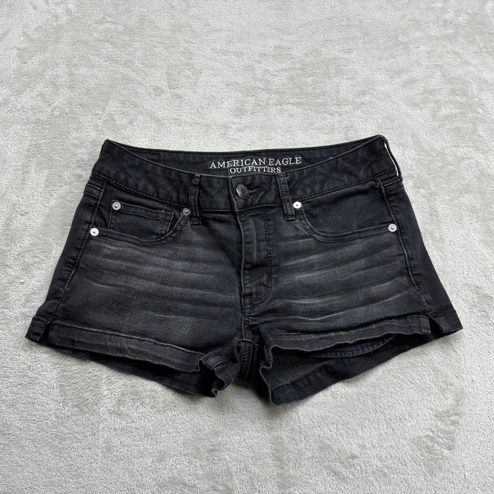 American Eagle Shortie Shorts Women 8 Black Super Stretch Edgy Boho Denim Faded